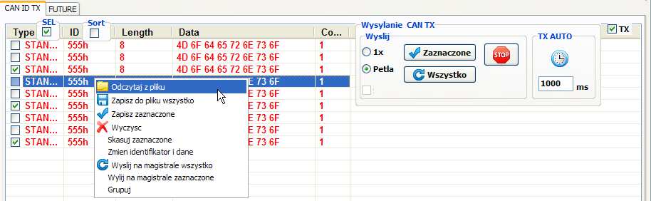 W tym celu po wpisaniu wartości ID DANYCH wciskamy przycisk Do CAN ID TX, identyfikator zostanie przeniesiony, nie zostanie wystawiony na magistrale CAN.