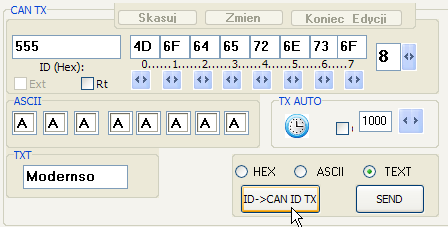 Wysyłanie ramek CAN do CAN ID TX Okno CAN TX umożliwia wysłanie tylko jednego identyfikatora można dowolnie edytować te wartości ale jest to zbyt pracochłonne, w przypadku potrzeby wysłania wielu