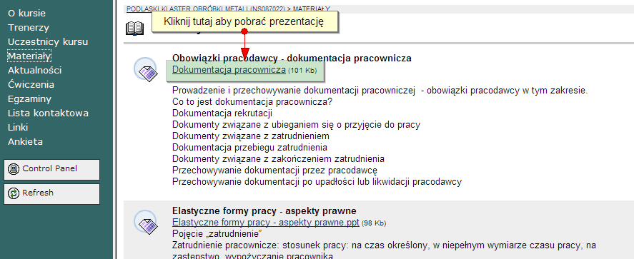 Rysunek 20 Przykładowy widok sekcji Materiały kursu Rysunek 21 Pobieranie
