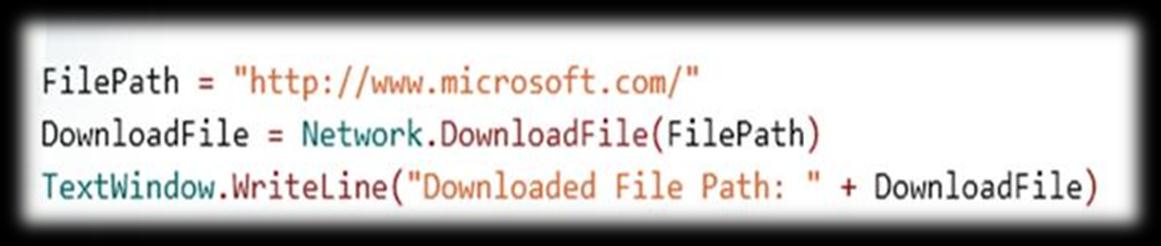 Obiekt Network Przy użyciu operacji DownloadFile obiektu Network można pobrać plik z sieci i zapisać go w pliku tymczasowym na komputerze