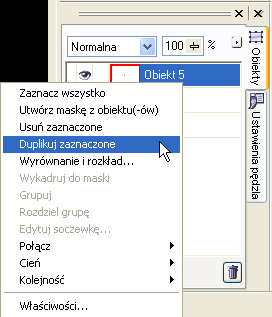 8. Zduplikuj obiekt wklejonego znaku (Okno dokowane Obiekty /