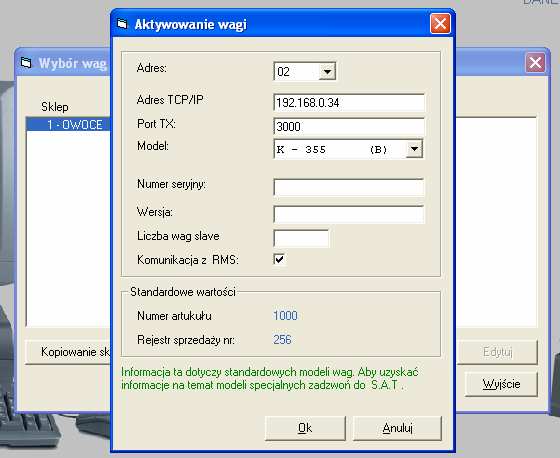 Programowanie typu wagi, jej numeru i adresu IP Oknie tym naleŝy zdefiniować: 1. Numer wagi (parzysty numer własny wagi) 2. Model wagi np.