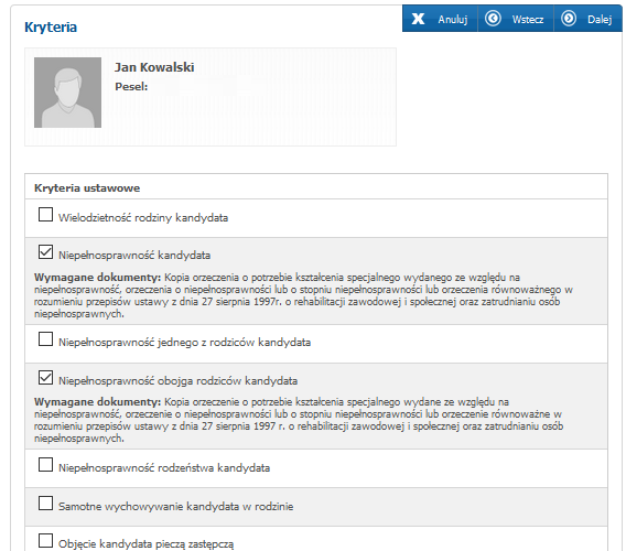 Rekrutacja do gimnazjum. Rejestracja kandydata. S t r o n a 12 Krok 5. Kryteria (dot.