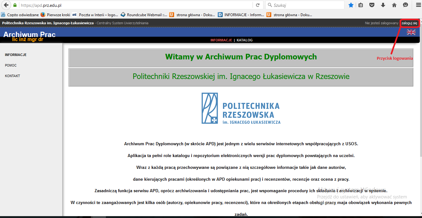 3 LOGOWANIE DO SYSTEMU Serwis Archiwum Prac Dyplomowych (w skrócie: APD) dostępny jest pod adresem: http://apd.prz.edu.pl/.