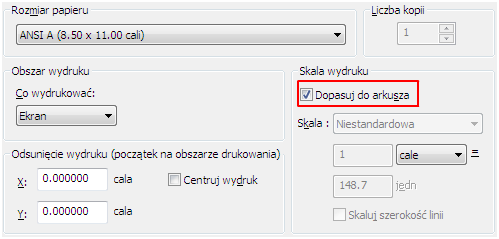 Skala wynikowa obliczana jest automatycznie. Zostanie wyświetlony stosunek jednostek wydruku do jednostek rysunku w skali niestandardowej. 3 Kliknij przycisk OK, aby wydrukować rysunek.