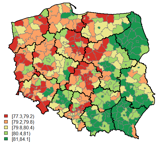 Oczekiwana długość życia w wieku 0 lat wg powiatów w