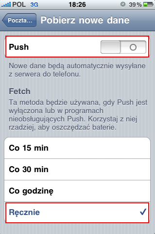 Konfiguracja poczty e-mail automatyczne pobieranie nowych wiadomości Ta funkcja pozwala na automatyczny odbiór nowych wiadomości ale moŝe równieŝ niepotrzebnie pobierać znaczne ilości danych.