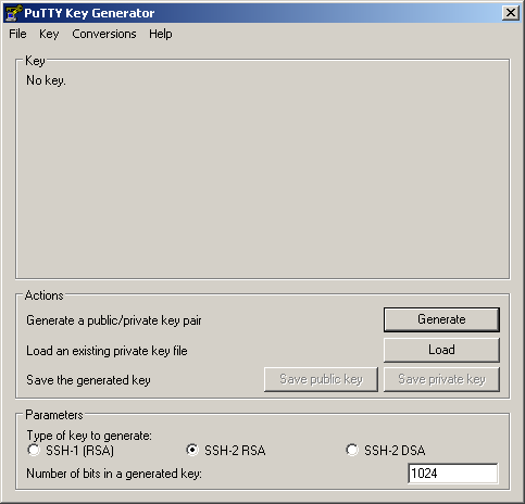 PuTTYgen Widok programu do generowania kluczy prywatnych i
