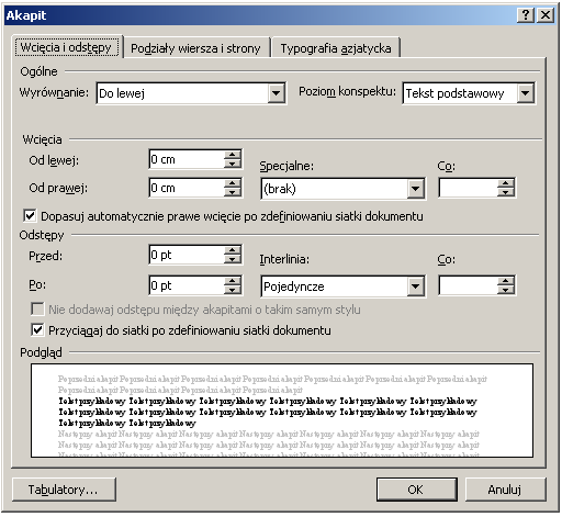 Format akapitu wskazanie akapitu przez postawienie kursora tekstowego zaznaczenie kilku akapitów (może być fragmentaryczne) parametry akapitu -niektóre czynności na pasku formatowania lub menu