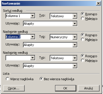 Sortowanie tabeli Sortowanie narzędzia paska Tabele i krawędzie numeryczne lub tekstowe, Sortujemy całe wiersze( z wyjątkiem pierwszego,
