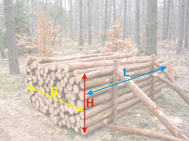 Załącznik Nr 2 do Zarządzenia Nr 43/2016 Ogólne zasady pomiaru drewna na stosie Vp=S X HXL [mp] Otrzymana wielkość to objętość stosu, czyli objętość drewna w korze wraz z przestrzenią pomiędzy