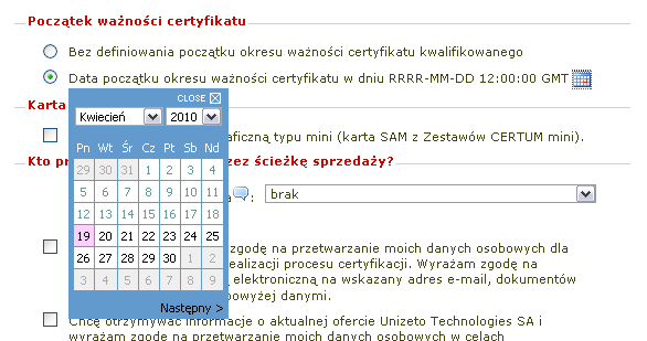 21. Następnie w polu Początek ważności certyfikatu zaznacz kiedy ma rozpocząć się okres ważności odnawianego certyfikatu kwalifikowanego.