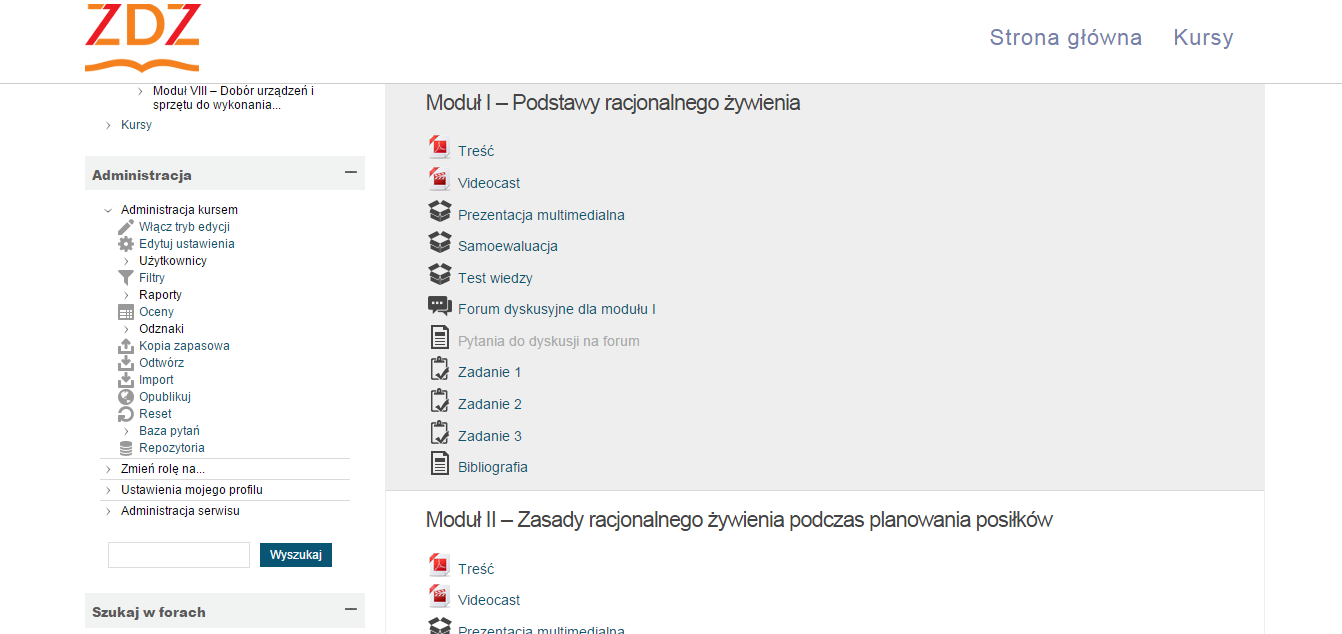 Prostszym sposobem jest wybranie kursu z okna Nawigacja opcji Moje Kursy (rys. 8). Po wybraniu powyższej opcji pojawi się lista kursów na które dany użytkownik jest zapisany. 5.