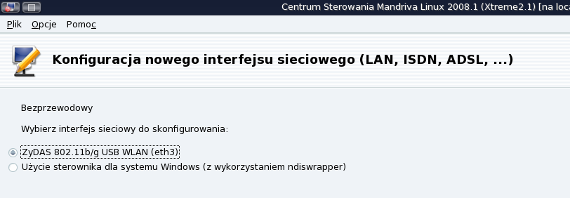 6. Przeprowadź konfigurację interfejsu sieciowego. Aby dokonać konfiguracji wbudowanej karty Wi-Fi wybierz opcję Bezprzewodowy a następnie przejdź Dalej. 7.