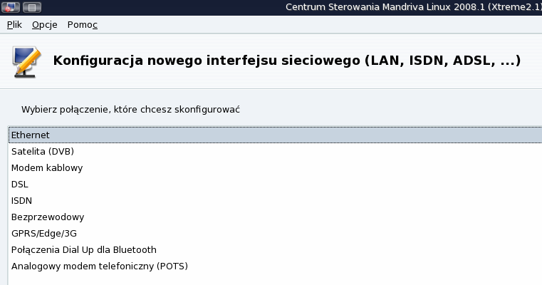 6. W oknie konfiguracji zostanie wyświetlona lista sposobów połączeń.