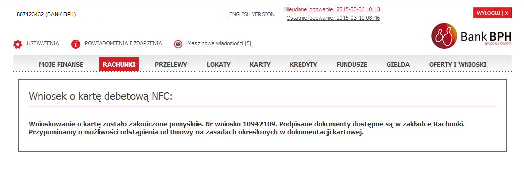 5 Potwierdzenie zawarcia Umowy o kartę wyświetli się na ekranie, a dokumentacja zostanie zapisana w systemie bankowości internetowej w zakładce RACHUNKI.