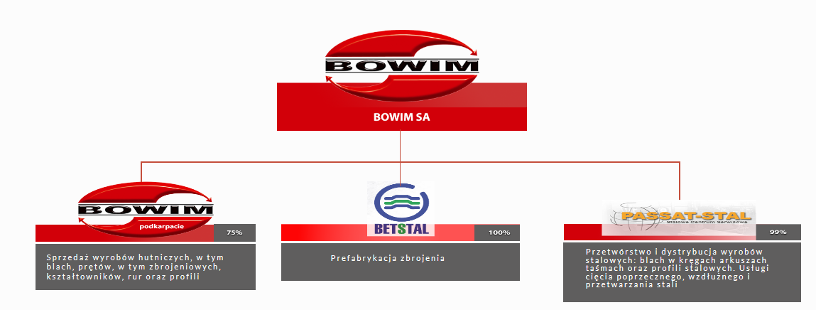 Struktura organizacyjna Grupy Kapitałowej POTENCJAŁ GRUPY Zatrudnienie w Grupie Kapitałowej Bowim na dzień 31.12.2015 r. 69 34 47 199 "Bowim" S.A. Bowim Podkarpacie Sp. z.o.o Passat - Stal SA Betstal Sp z o.