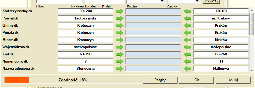 Aby scalić korespondentów należy za pomocą zielonych strzałek wskazać poprawną wartość. Następnie nacisnąć przycisk OK. 2.