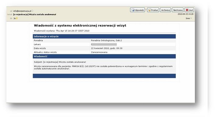 Rys. 24 Wiadomość z systemu elektronicznej rezerwacji wizyt Usługi płatne