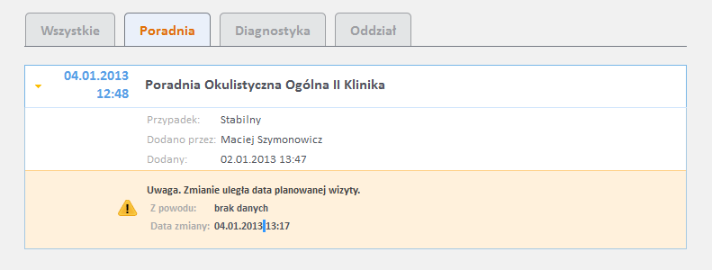 Rezerwacje kolejkowe Funkcja prezentuje informacje o aktualnych wpisach na listę oczekujących. Dane pogrupowane są w odpowiednie zakładki. Rys.