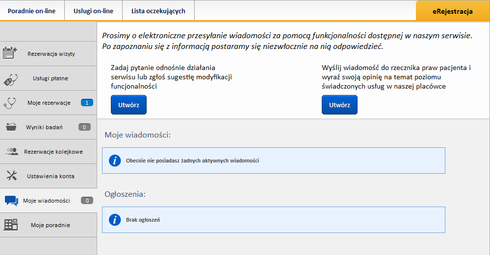 Moje wiadomości Ekran umożliwia wysyłanie wiadomości do administratora systemu i rzecznika praw pacjenta, jak również umożliwia odbieranie wiadomości zwrotnej.