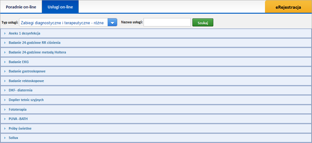 Usługi on-line Funkcja widoczna w systemie opcjonalnie w zależności od jej aktywacji przez ZOZ. Funkcja prezentuje listę usług (badań), na wykonanie których można rejestrować się za pomocą aplikacji.