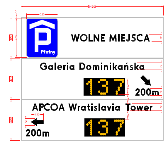 Rys.6.12 Przykłady znaku TDIP Wymagania techniczne dla wyświetlaczy diodowych: Rozdzielczość modułu aktywnego powinna wynosić przynajmniej 32 x 16 pikseli.