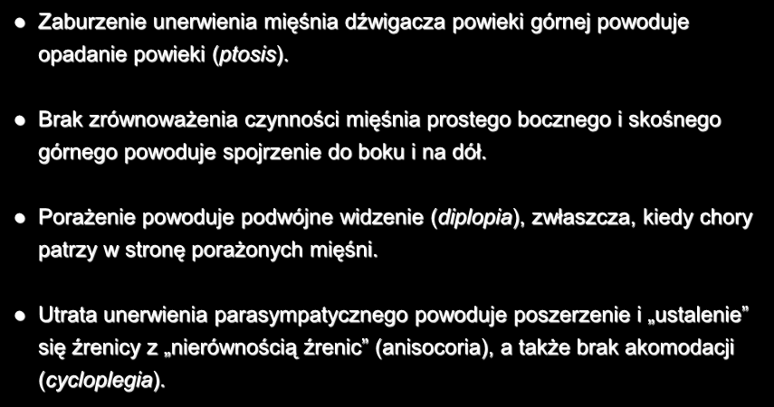 Uszkodzenie nerwu III Zaburzenie unerwienia mięśnia dźwigacza powieki górnej powoduje opadanie powieki (ptosis).