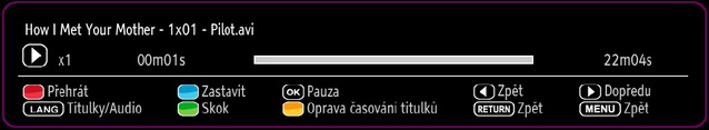 Při přehrávání videa se zobrazí toto menu: Skoč (Číselná tlačítka):skočí do vybraných souboru použitím číselných tlačítek. OK: Prohlíží vybrané obrázky na celé obrazovce.
