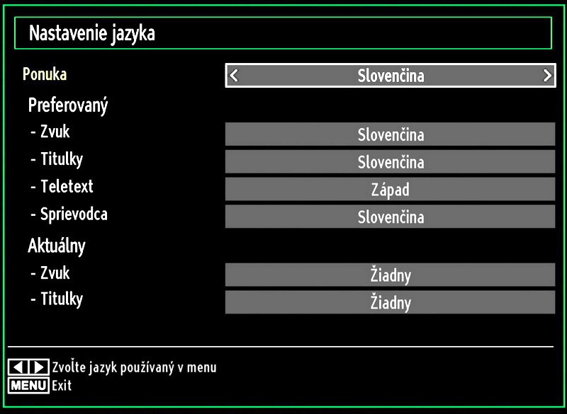 Konfigurácia preferencií jazyka Pomocou tejto ponuky môžete pracovať s nastaveniami jazyka. Stlačte tlačidlo M a zvoľte piatu ikonu použitím tlačidla alebo.