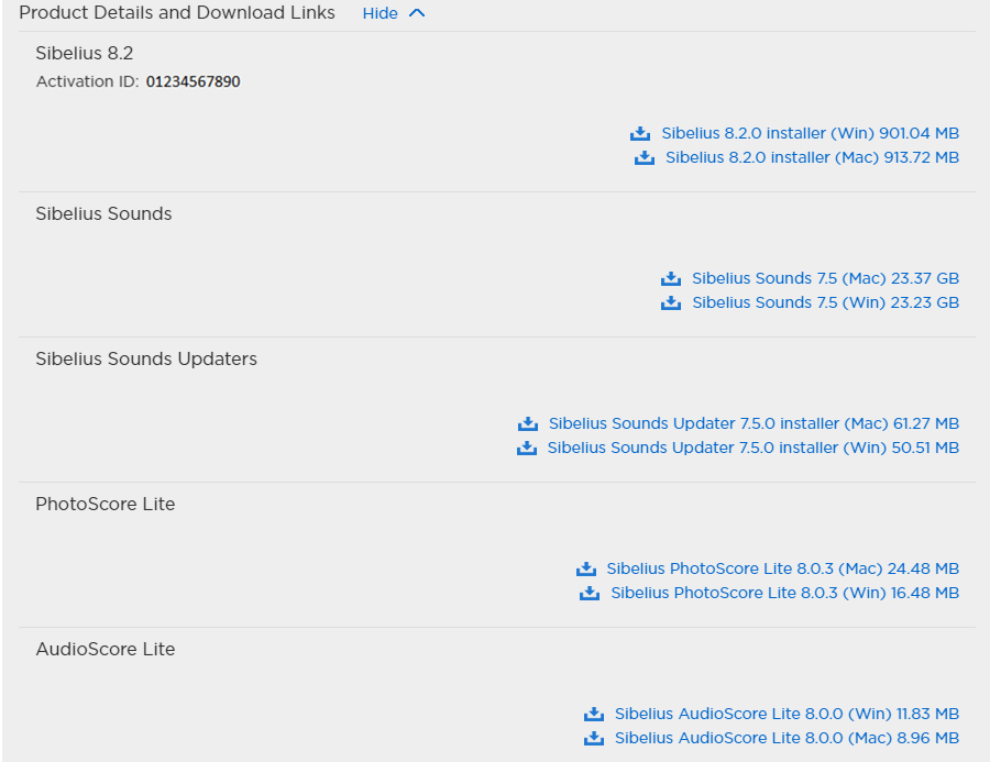 Krok 1: pobieranie Sibelius 8 Po rozwinięciu listy zobaczysz następujące pozycje Program Sibelius wraz z Activation