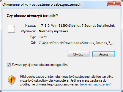 Krok 3: instalacja Sibelius Sounds W systemach Windows 7 i nowszych pojawi się okno ostrzeżenie o