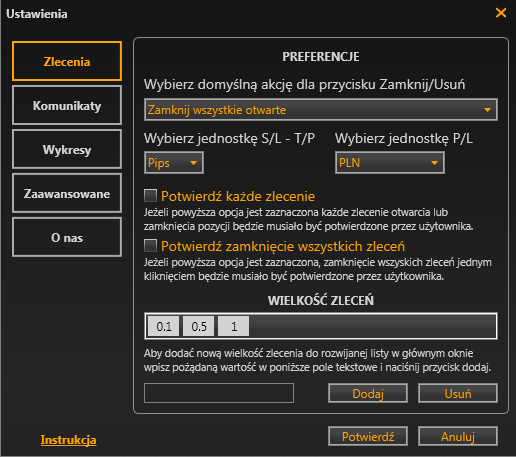 4. Ustawienia Okno ustawień BRE SmartOrders składa się z czterech głównych zakładek: 1) Okno Zlecenia daje użytkownikowi możliwość konfiguracji parametrów dotyczących realizacji transakcji oraz