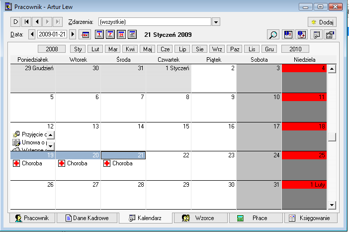 Aby wprowadzić zdarzenie Choroba do kalendarza pracownika należy kliknąć przycisk Pracownicy na pasku narzędziowym programu, a następnie w oknie Pracownicy wybrać pracownika w prawej części okna.