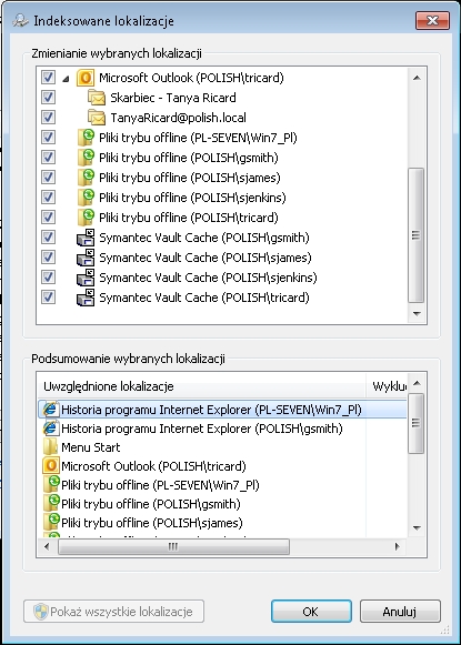 20 Konfigurowanie programu Enterprise Vault Konfigurowanie narzędzia Windows Search Skarbiec wirtualny Vault Cache 3 Na liście Zmienianie wybranych lokalizacji upewnij się, że jest zaznaczony wpis