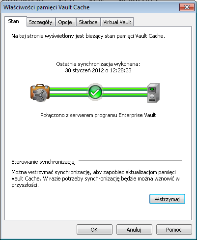 Zarządzanie archiwizacją w programie Enterprise Vault Synchronizowanie pamięci Vault Cache 39 Aby wstrzymać lub wznowić synchronizację: 1 W menu Narzędzia kliknij polecenia EnterpriseVault