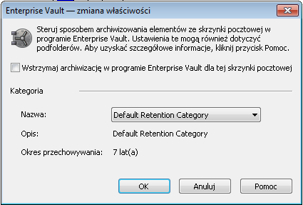 44 Zarządzanie archiwizacją w programie Enterprise Vault Ustawianie właściwości programu Enterprise Vault dotyczących skrzynki pocztowej lub folderu 3 Kliknij przycisk Zmień.