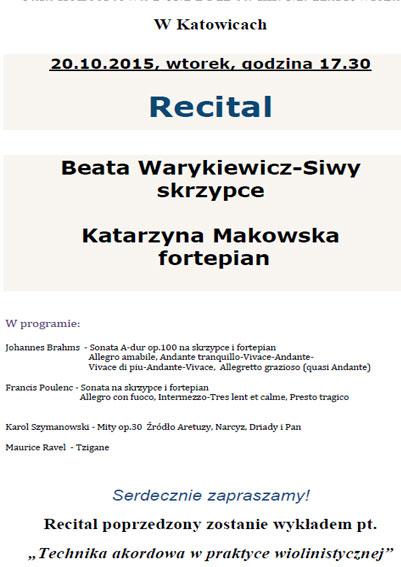 Wieczór muzyki skrzypcowej w wykonaniu Beaty Warykiewicz-Siwy z towarzyszeniem pianistki