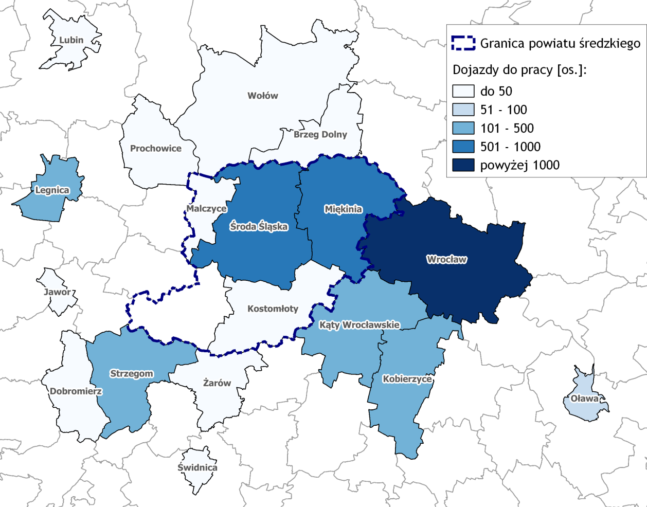 Mapa 4.Dojazdy do pracy mieszkańców gmin powiatu średzkiego Źródło: opracowanie własne na podstawie dokumentu "Dojazdy do pracy.