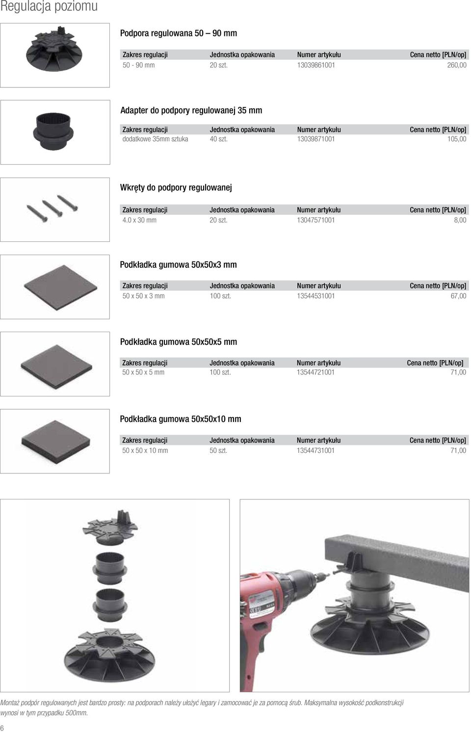 0 x 30 mm 20 szt. 30475700 8,00 Podkładka gumowa 50x50x3 mm Zakres regulacji 50 x 50 x 3 mm 00 szt.