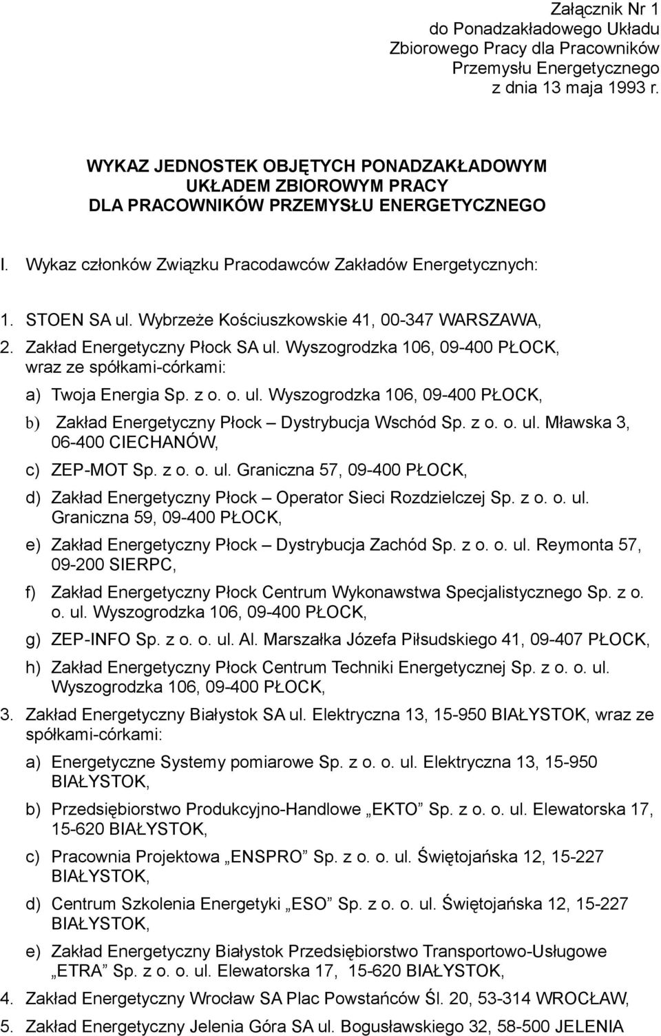 Wybrzeże Kościuszkowskie 41, 00-347 WARSZAWA, 2. Zakład Energetyczny Płock SA ul. Wyszogrodzka 106, 09-400 PŁOCK, wraz ze spółkami-córkami: a) Twoja Energia Sp. z o. o. ul. Wyszogrodzka 106, 09-400 PŁOCK, b) Zakład Energetyczny Płock Dystrybucja Wschód Sp.