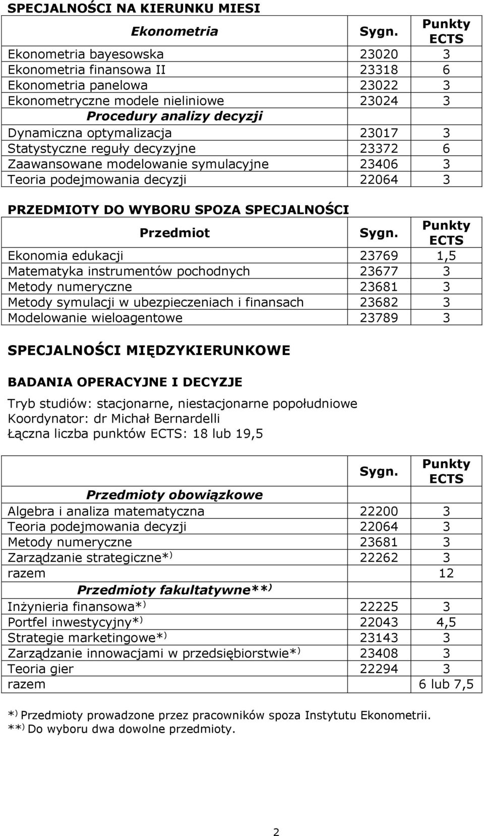 Przedmiot Ekonomia edukacji 23769 1,5 Matematyka instrumentów pochodnych 23677 3 Metody numeryczne 23681 3 Metody symulacji w ubezpieczeniach i finansach 23682 3 Modelowanie wieloagentowe 23789 3