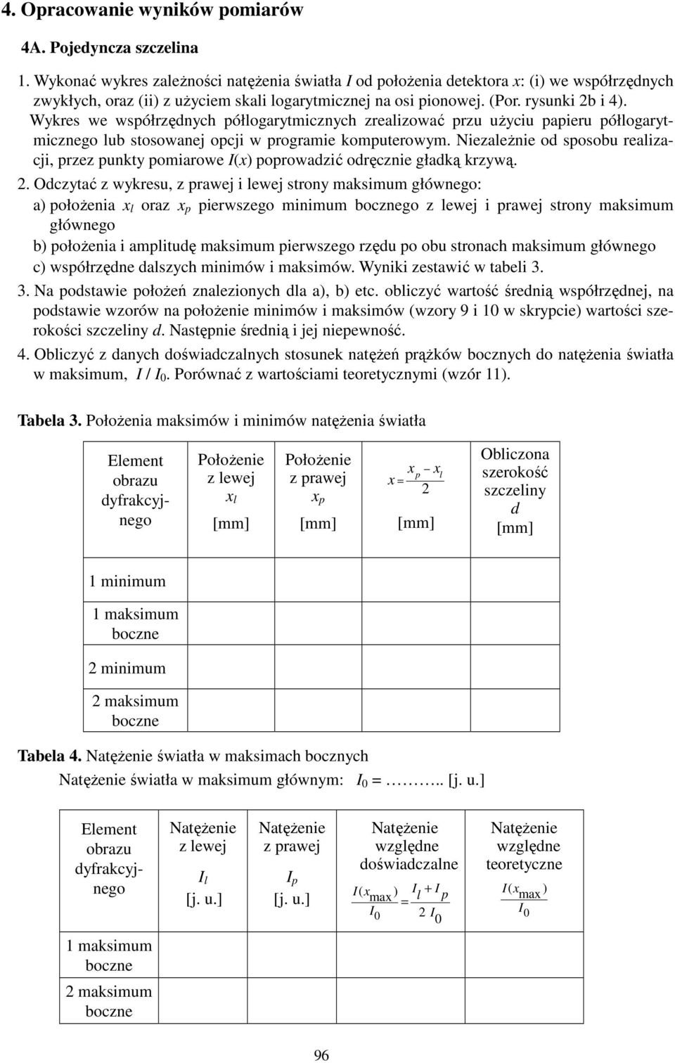 Wykres we współrzędnych półlogarytmicznych zrealizować przu uŝyciu papieru półlogarytmicznego lub stosowanej opcji w programie komputerowym.