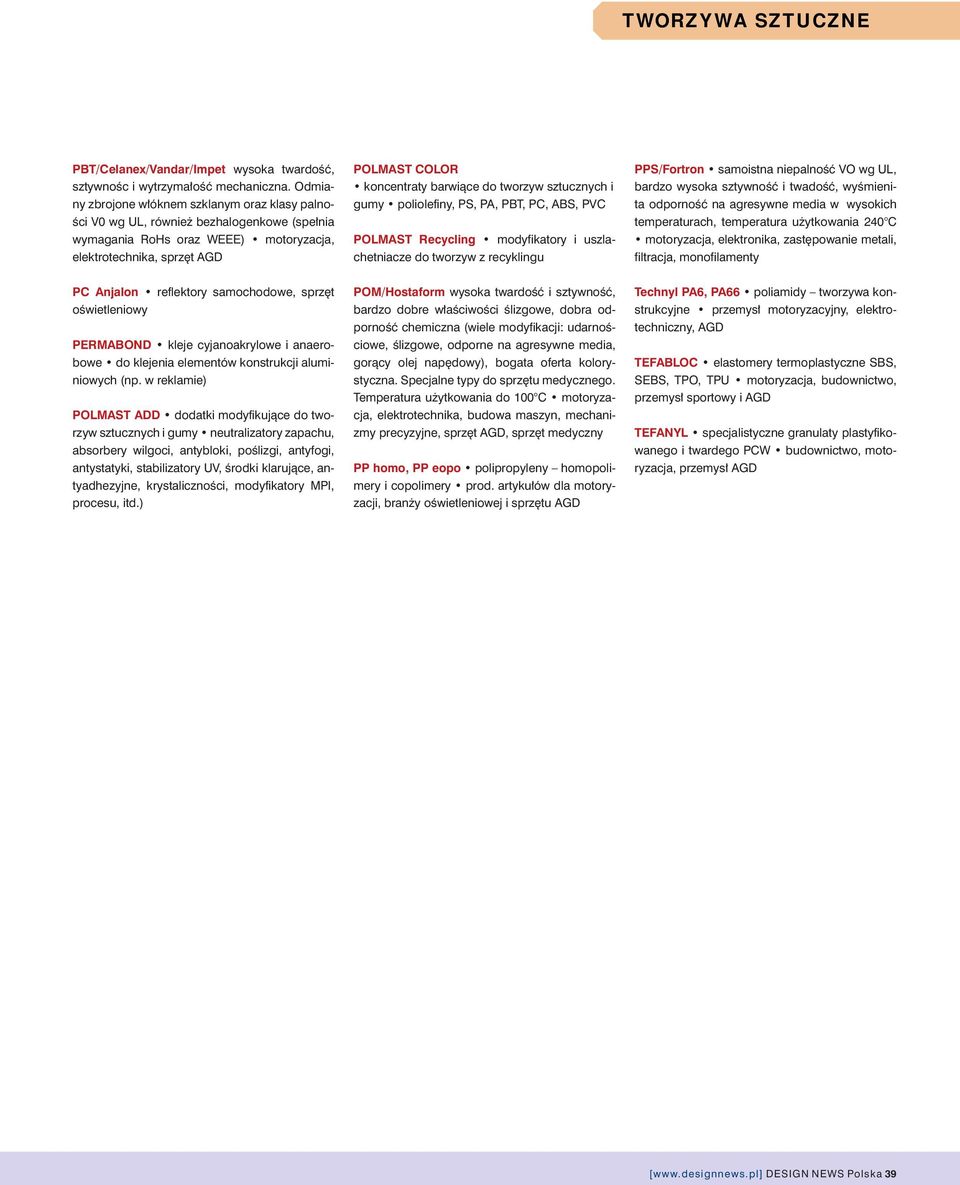 do tworzyw sztucznych i gumy poliolefiny, PS, PA, PBT, PC, ABS, PVC POLMAST Recycling modyfikatory i uszlachetniacze do tworzyw z recyklingu PPS/Fortron samoistna niepalność VO wg UL, bardzo wysoka