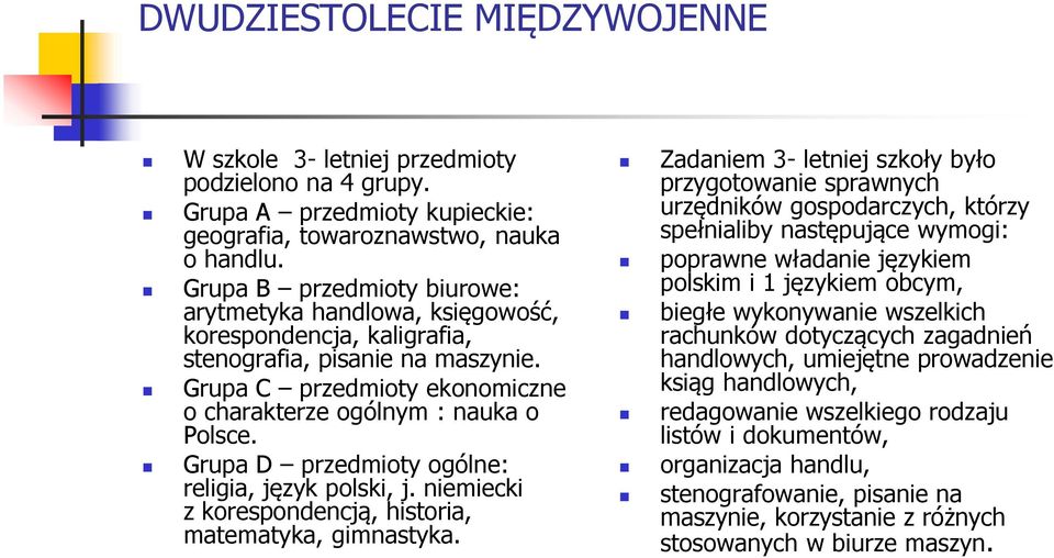 Grupa D przedmioty ogólne: religia, język polski, j. niemiecki z korespondencją, historia, matematyka, gimnastyka.