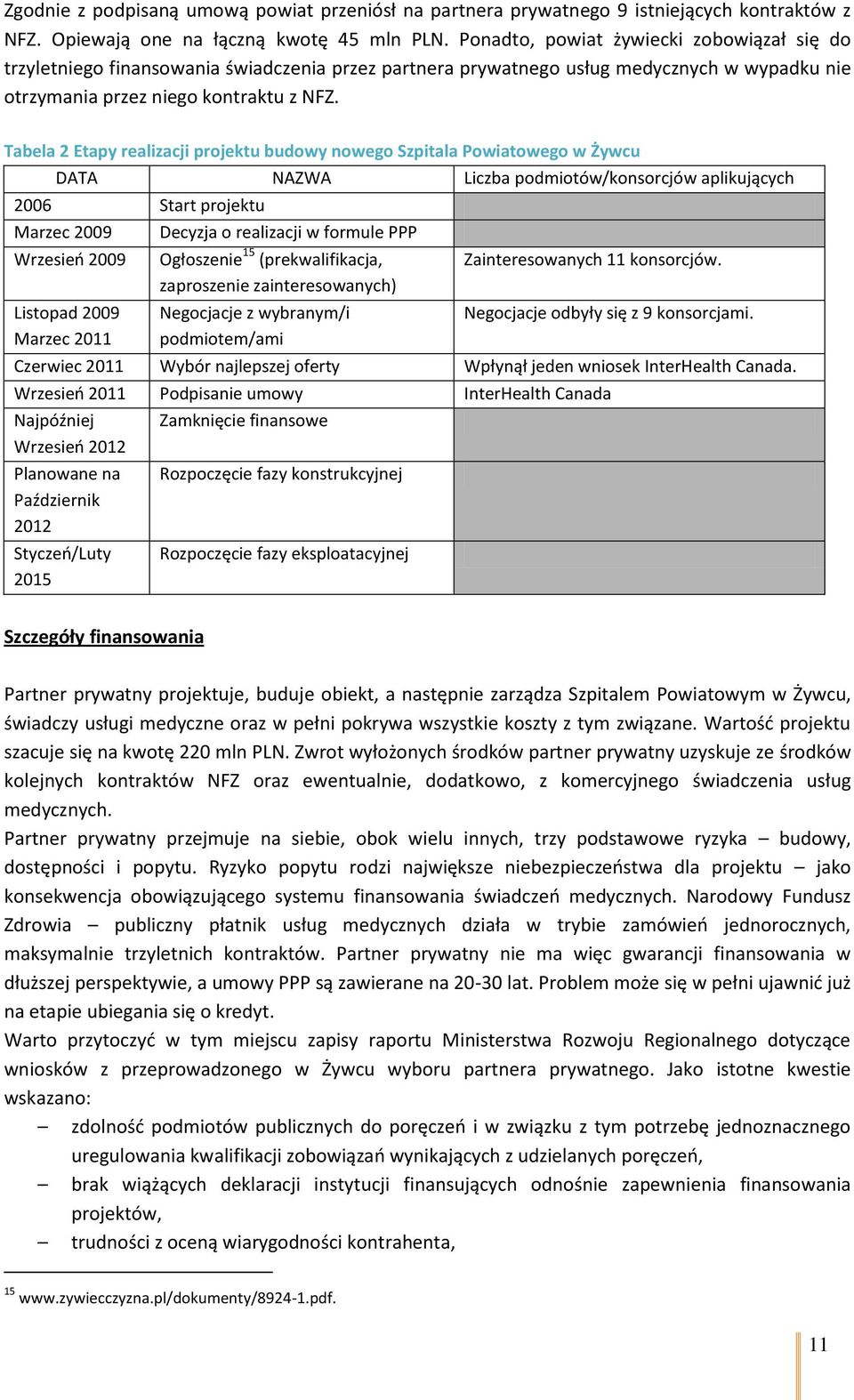 Tabela 2 Etapy realizacji projektu budowy nowego Szpitala Powiatowego w Żywcu DATA NAZWA Liczba podmiotów/konsorcjów aplikujących 2006 Start projektu Marzec 2009 Wrzesień 2009 Listopad 2009 Marzec