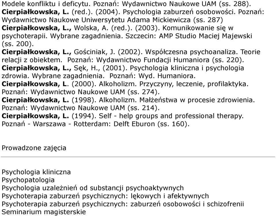 Szczecin: AMP Studio Maciej Majewski (ss. 200). Cierpiałkowska, L., Gościniak, J. (2002). Współczesna psychoanaliza. Teorie relacji z obiektem. Poznań: Wydawnictwo Fundacji Humaniora (ss. 220).