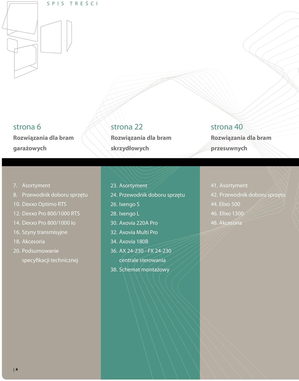 Podsumowanie specyfikacji technicznej 23. Asortyment 24. Przewodnik doboru sprzętu 26. Ixengo S 28. Ixengo L 30. Axovia 220A Pro 32. Axovia Multi Pro 34.