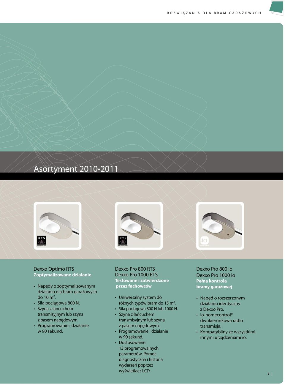Dexxo Pro 800 RTS Dexxo Pro 1000 RTS Testowane i zatwierdzone przez fachowców Uniwersalny system do różnych typów bram do 15 m 2. Siła pociągowa 800 N lub 1000 N.