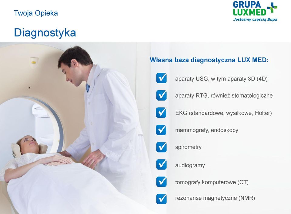(standardowe, wysiłkowe, Holter) mammografy, endoskopy